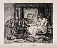 A physician examining a person dressed as Pierrot who lies in bed, in the background another person in a similar costume is grieving. Etching by E. Champollion after T. Couture.