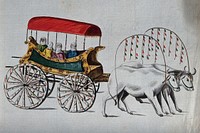 Four Turkish women being carried in an ox-cart. Watercolour.