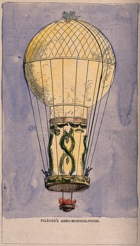 A hot-air balloon in flight with a fire burning. Coloured engraving.