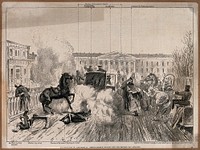 The assassination of Alexander II: the place outside the Winter Palace is strewn with corpses and debris of the bomb-explosion, while Alexander emerges alive from his coach. Process print .