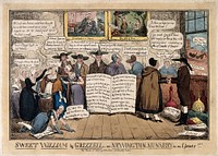 A room of Quakers gossiping about the marriage of William Allen to Mrs. Grizell Birkbeck, seen on the left, affirming their vows. Coloured etching by R.I. Cruikshank, 1827.