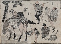 Left, a small man (a dwarf) lifts a horse's tail with a bamboo rod to catch its faeces in a scoop; above right, a man with filarial elephantiasis is helped to carry his enlarged scrotum supported with a sling; below right, a woman carrying a baby on her back points in amazement. Coloured woodcut by K. Hokusai, 1834.