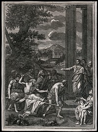 The paralytic is brought on a stretcher to Christ. Engraving by Clark and Pine, ca. 1719.