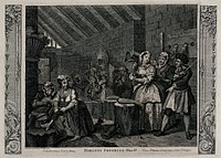 Dressed in fine clothes Moll Hackabout beats hemp with a mallet, which will be used to make rope; she is in prison with other inmates who are mostly prostitutes. Engraving after William Hogarth.