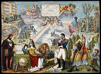 Astronomy: various apocalyptic scenes, including Napoleon III, a weeping Queen Victoria, an assassination [], and a battle in Russia. Coloured lithograph, [c.1861].