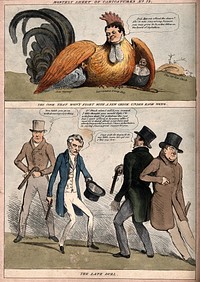 Two British political satirical scenes. Coloured lithograph, 1835.