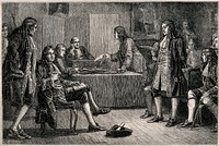Royal Society, Crane Court, off Fleet Street, London: a meeting in progress, with Isaac Newton in the chair. Wood engraving by J. Quartley after [J.M.L.R.], 1883.