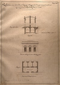 The lazaretto of Varignano at La Spezia: section, facade and floor plan of the visiting room. Pen drawing by I. Cremona, 1826.