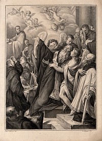 The death of Saint Benedict. Drawing by F. Rosaspina, c. 1830, after D.M. Canuti.