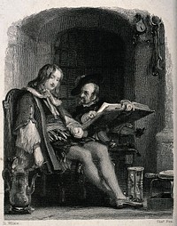 The dwarf Jeffrey Hudson sits on a table reading a large book to Julian Peveril. Engraving by Charles Fox after David Wilkie.