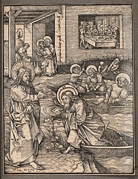 Jesus calls the fishermen to be his apostles; in the background he performs the miracle at Cana. Woodcut.