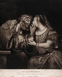 Drunkenly gazing at the chin of his daughter, Lot moves amorously towards her. Mezzotint by R. Dunkarton, 1787, after A. de Gelder.
