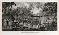 A human sacrifice witnessed by Captain Cook on the island of Tahiti. Engraving by W. Woollett, 1784, after J. Webber.