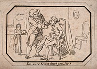 A tooth-drawer extracting a tooth from a patient who virtually falls off his chair in pain, a servant hovers in the background. Etching.