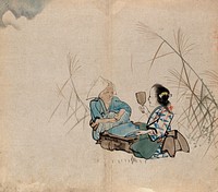 Two Japanese women sitting by a trough used for grinding corn. Watercolour.