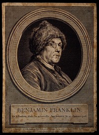 Benjamin Franklin. Line engraving by A. de St Aubin after C. N. Cochin, junior, 1777.