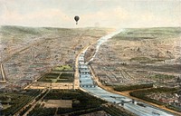 Paris seen from a balloon. Coloured lithograph, 1846, by J. Arnout.