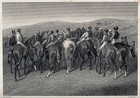 A group of jockeys with their horses standing in a crowd at the starting line. Etching by E. Hacker after E. Corbet.