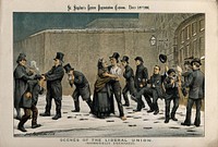 W.E. Gladstone and other Liberal politicians as prisoners being released from prison; relatives and friends waiting for them at the gate. Colour lithograph by Tom Merry, 18 December 1886.