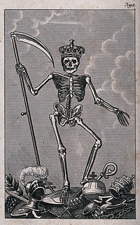 Death as king holding a scythe. Etching.