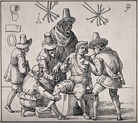 Two surgeons treating the same patient, one is removing an arrow from his chest whilst the other is boring a hole into the patient's knee accompanied by two assistants and an onlooker. Pen drawing by ZS.