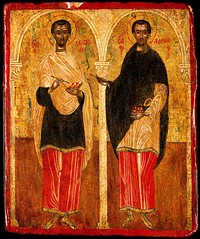 Saint Cosmas and Saint Damian. Tempera painting.