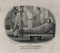 A man visiting a health resort is covered with a sheet and lying on a wooden daybed, two men covered with sheets are standing before him; in the background a man with a sheet on his shoulders is filling up a glass with water. Etching, May 1870.