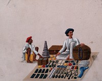 A street vendor selling a assortment of items. Gouache painting on mica by an Indian artist.