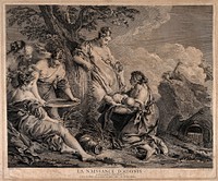 Nymphs holding the new born Adonis next to a myrrh tree representing Myrrha his mother amidst great rural splendor. Engraving by G. Scotin after F. Boucher.