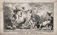 God stretches out his hand to give life to Adam. Etching by J.J. Pasquier after J. de Sève.