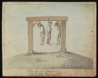The bodies of two men and a skeleton hanging on a gallows; representing the status of the triad. Watercolour, ca. 1800.