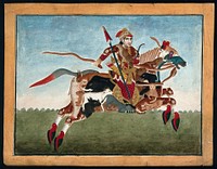 A warrior galloping on a horse whose body is formed from a variety of animals, including birds and fish. Gouache painting by an Indian painter.