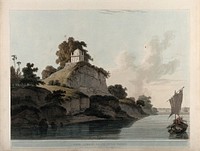 Hindu temple on the river Ganges, near Kara, Uttar Pradesh. Coloured aquatint by Thomas Daniell, 1796.
