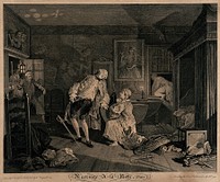 Squanderfield fatally wounded by a rapier leans back as his wife kneels before him; Silvertongue in his nightgown hastily escapes through a window. Engraving by Simon François Ravenet after William Hogarth, 1745.