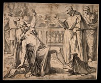 An epileptic being restrained by another man is brought before a priest to be blessed. Ink drawing.