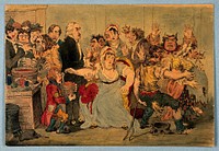 Edward Jenner vaccinating patients in the Smallpox and Inoculation Hospital at St. Pancras: the patients develop features of cows. Watercolour after J. Gillray, 1802.