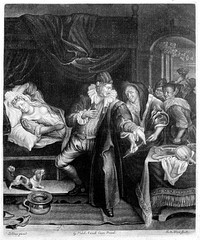 A physician examining a bare breasted female patient, an older woman passes him a syringe, a bawdy couple are in the background. Mezzotint by A. de Blois after J. Steen.
