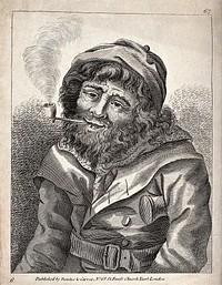 A seated man in a double-breasted coat smoking a pipe while he rests on a crutch under his left arm. Line engraving with etching.