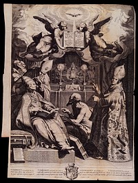 Saint Ambrose, Saint Gregory the Great, Saint Jerome and Saint Augustine of Hippo with other figures. Engraving after A. Bloemaert.