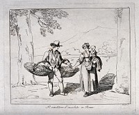 A woman carrying a child in Lazio is buying salad greens from a vendor carrying produce in large baskets. Etching by B. Pinelli, 1815.