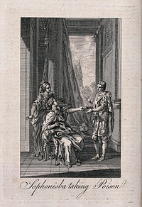 The suicide of Sophonisba: Sophonisba is sitting on a chair taking the poison Masinissa sent her. Etching.