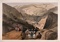 An army traversing the Koojah Pass, Afghanistan. Coloured lithograph by L. Haghe after James Atkinson, 1842.
