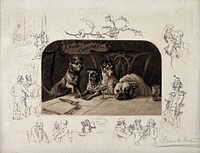 Four dogs at table waiting for Christmas dinner to be served, surrounded by eight vignettes of Christmas. Etching by F. Paton.
