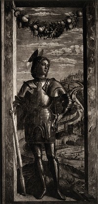 Saint George wearing armour and holding a lance, a dead dragon at his feet; a city in the background. Photogravure after A. Mantegna.