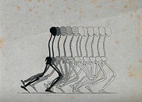 A skeleton in motion. Lithograph, 18--.