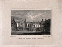 Gonville and Caius College, Cambridge: Caius Court towards the Gate of Honour. Line engraving by J. & H.S. Storer.