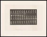 A naked woman walking up a slope wearing shoes. Collotype after Eadweard Muybridge, 1887.