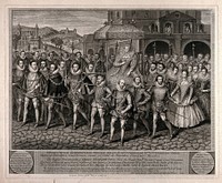 The visit of Queen Elizabeth I to Lord Hunsdon (for his marriage at Blackfriars in 1600). Engraving by G. Vertue after R. Peake, 1742.