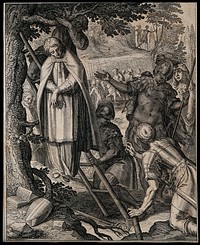 The hanging of Saint Maximus of Salzburg; Roman soldiers and other figures in the foreground, an army in the background. Engraving by R. Sadeler after J.M. Kager.