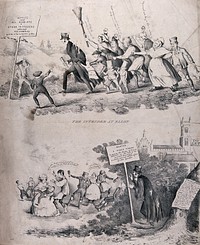 A minister appointed to the parish of Ellon, Aberdeenshire, is being chased away by angry parishioners (above); he stands behind a bush with a placard in his hand, watching the people's hedonistic behaviour (below). Lithograph attributed to B.W. Crombie, 1843.